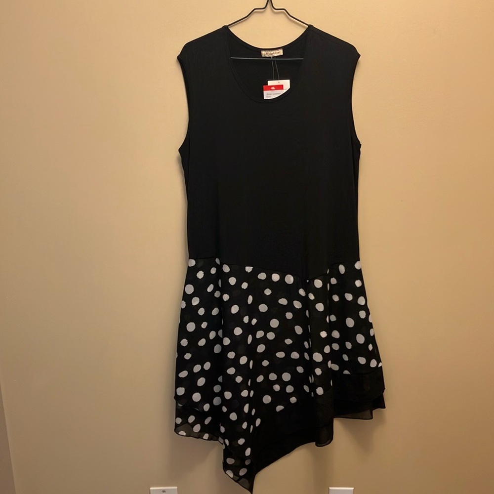 Elegant Asymmetrical Black Dress with White Dots